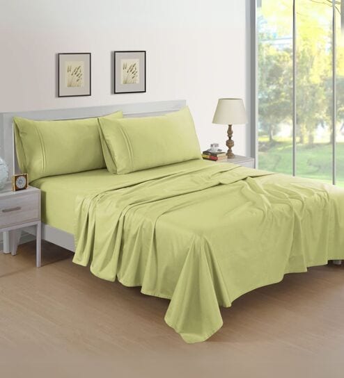Cotton Satin Fitted Bedsheet, 72 x 78 inches, 400 Thread Count, Light Green, Set of 1 Bedsheet with 2 Pillow Covers