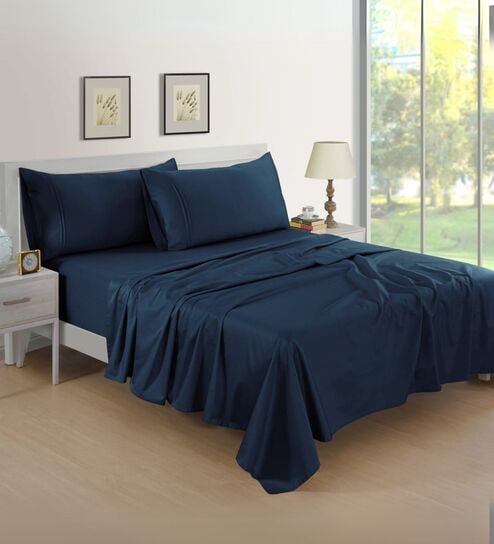 Cotton Satin Fitted Bedsheet, 72 x 78 inches, 400 Thread Count, Navy Blue, Set of 1 Bedsheet with 2 Pillow Covers