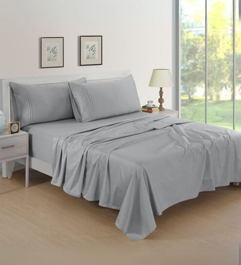 Cotton Satin Fitted Bedsheet, 72 x 78 inches, 400 Thread Count, Silver, Set of 1 Bedsheet with 2 Pillow Covers