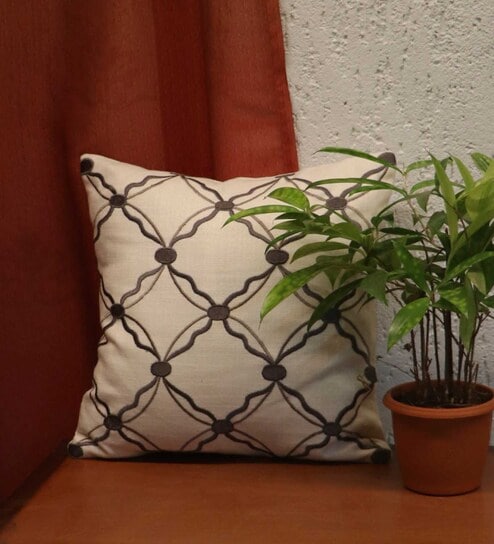 Off White Traditional Cotton 12 x 12 Inches Embroidered Cushion Cover by Zeba