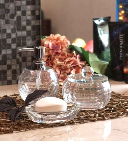 Counter Top Bathroom Accessories in Glass, Set of 3 by Foyer