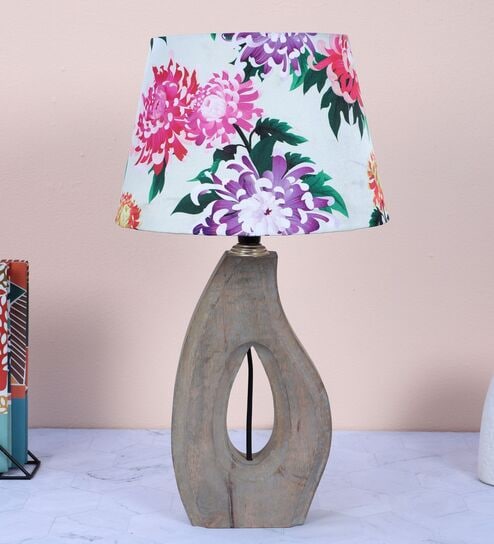 County Cottgae Mangowood Table Lamp With Carnation Print Satin Shade