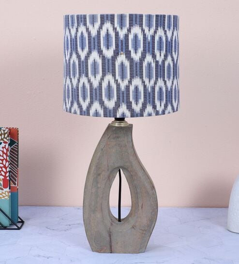 County Cottgae Mangowood Table Lamp With Ikkat Print Satin Shade