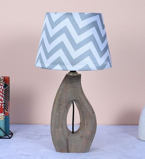 County Cottgae Mangowood Table Lamp With Maze Print Satin Shade