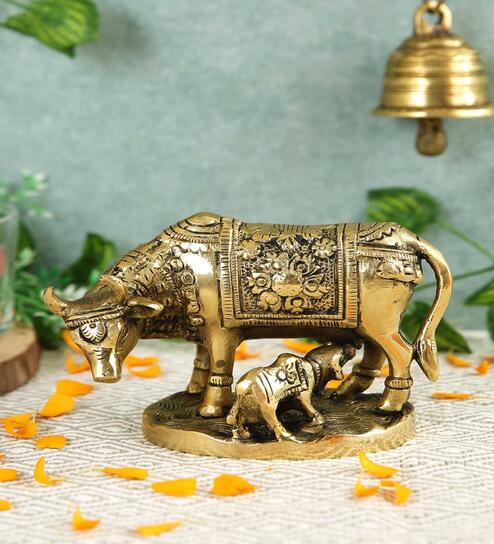 Kamadhenu Cow and Calf Set Brass Idol, Home Decor