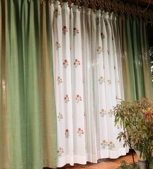 7ft Pack of 4 Sage and Mustard Handwoven Cotton Curtain Set Marigold Collection