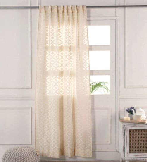 Beige & White Cutwork 7Ft Semi Sheer Handwoven Cotton Curtain
