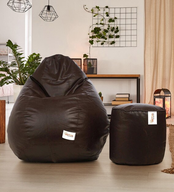 Buy Combo Classic XXL Brown Bean Bag with Round Footstool in Brown