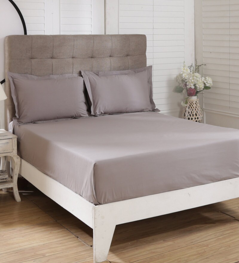 Buy Grey Solid 200 TC Cotton 1 Double King Size Bedsheet with 2 Pillow