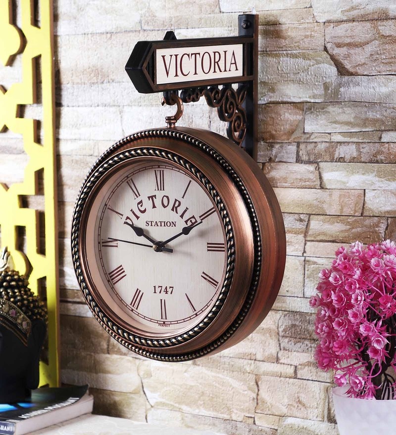 Buy Copper Plastic Dual Antique Victoria Analog Railway Clock by Exim