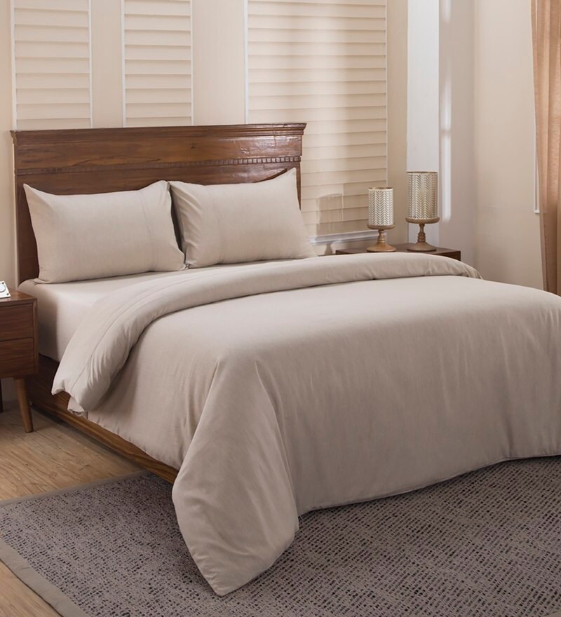 Buy Beige Solid Cotton Double Bed Duvet Cover With 2 Pillow Covers