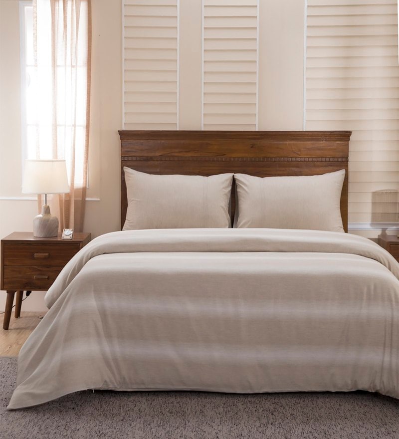 Buy Beige Solid Cotton Double Bed Duvet Cover With 2 Pillow Covers