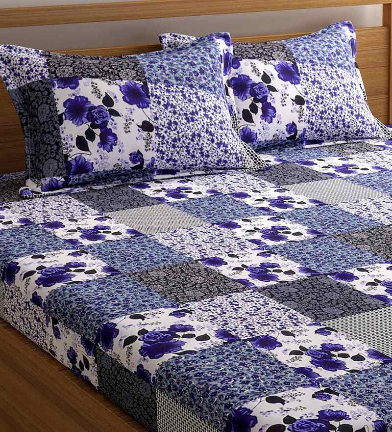 Buy Blue Floral 144 TC Cotton 1 Double Bedsheet with 2 Pillow Covers by