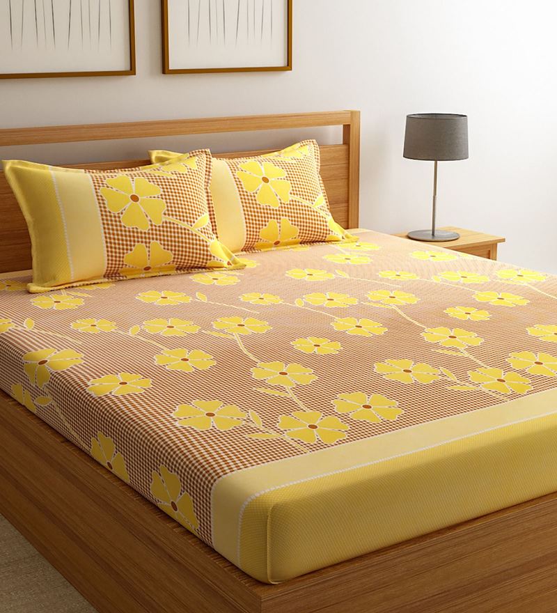 Buy Yellow Floral 144 TC Cotton 1 Double Bedsheet with 2 Pillow Covers