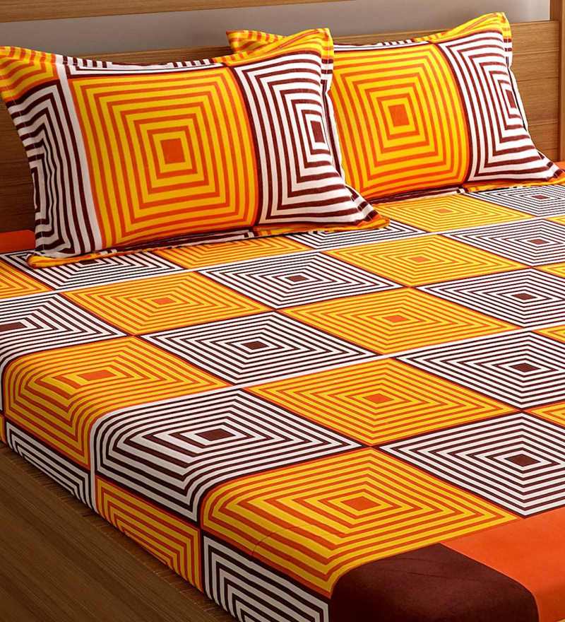 Buy Yellow Geometric 144 TC Cotton 1 Double Bedsheet with 2 Pillow