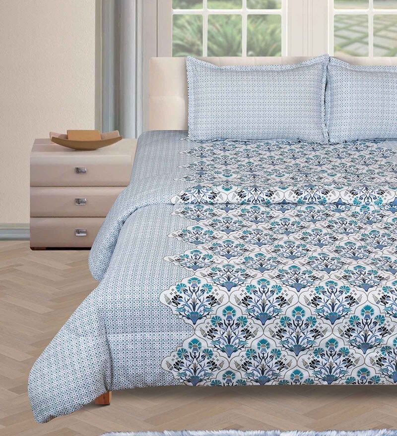 Buy Blue Traditional 200 TC Cotton 1 Double King Size Bedsheet with 2