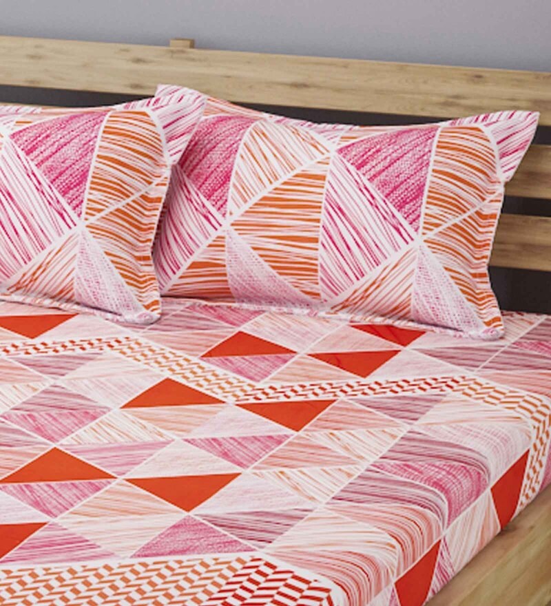Buy Pink Geometric 210 TC Cotton 1 Double Bedsheet with 2 Pillow Covers