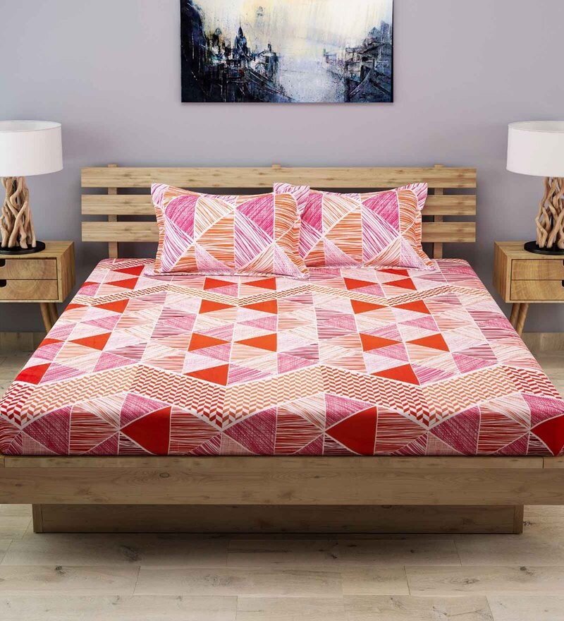 Buy Pink Geometric 210 TC Cotton 1 Double Bedsheet with 2 Pillow Covers