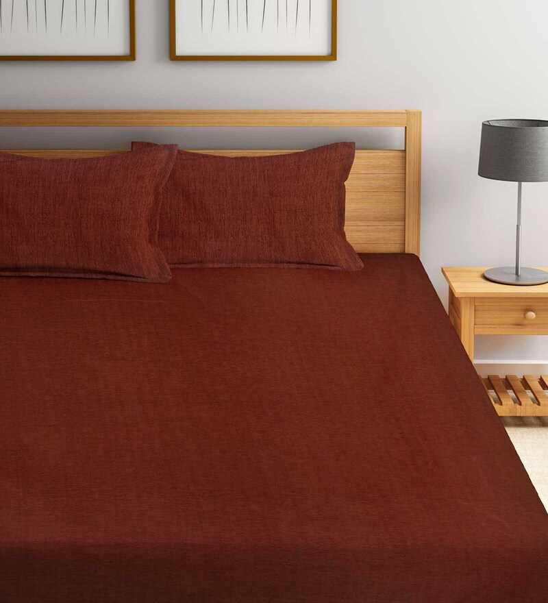 Buy Maroon Solid 300 TC Cotton Double Bed Cover with 2 Pillow Covers by