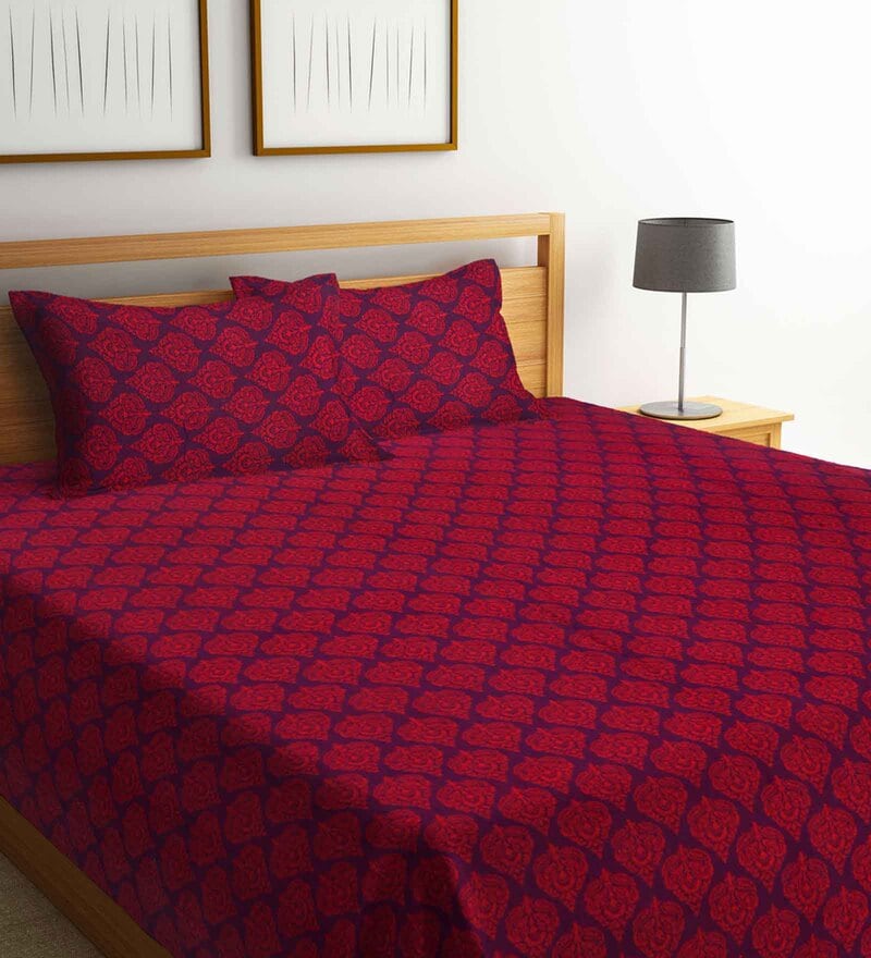 Buy Red Geometric 300 TC Cotton Double Bed Cover with 2 Pillow Covers