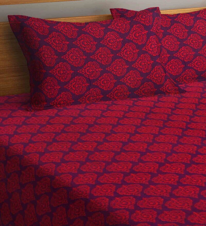 Buy Red Geometric 300 TC Cotton Double Bed Cover with 2 Pillow Covers