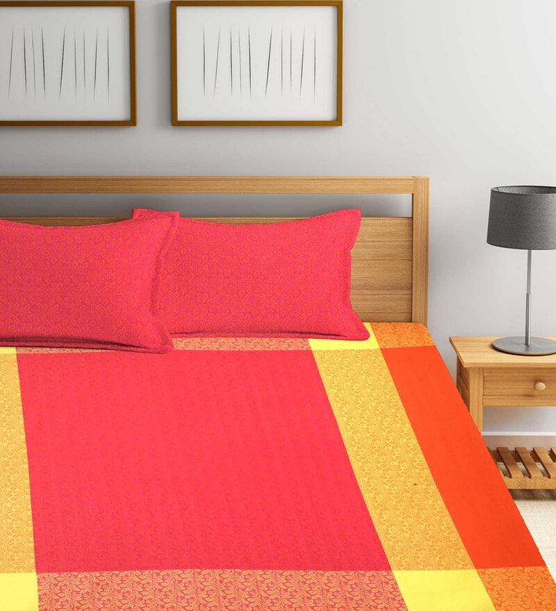 Buy Pink Solid 300 TC Cotton Double Bed Cover with 2 Pillow Covers by