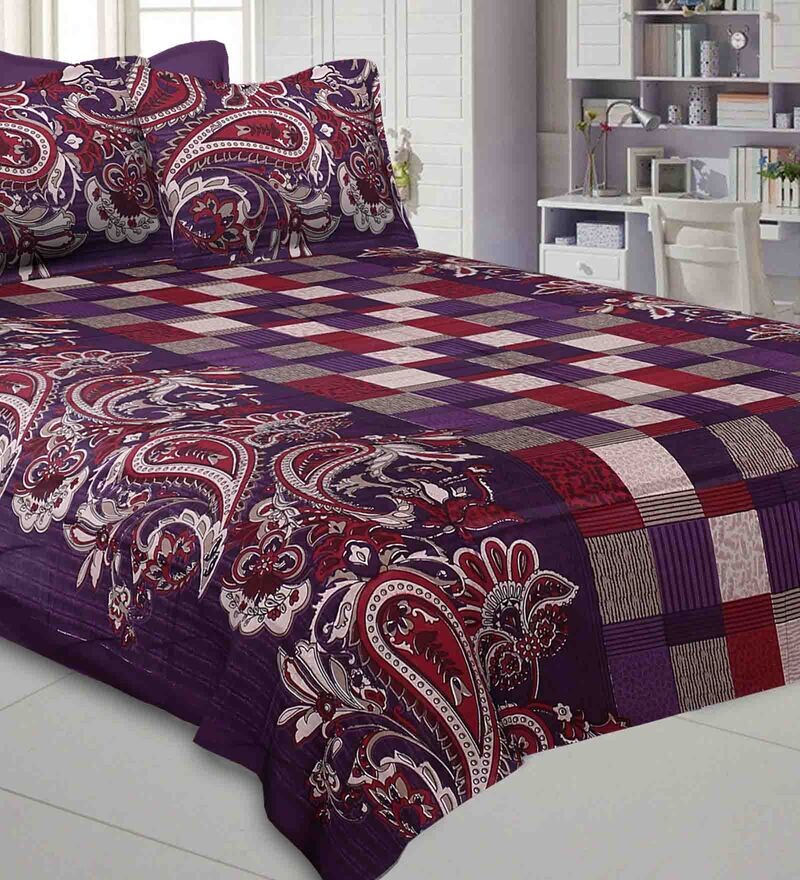 Buy Purple Geometric 240 TC Cotton 1 Double Bedsheet with 2 Pillow
