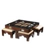 Coffee Teak Wood Nesting Coffee Table Set in Walnut Finish with 4 stools