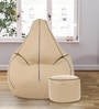 Combo Classic XXXL Leatherette Bean Bag with Beans in Brown piping & Cream Colour with Pouffe