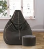 Combo Classic XXXL Leatherette Bean Bag with Beans in cream piping & Brown Colour with Pouffe