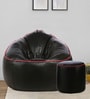 Combo Muddha Leatherette Bean Bag with Beans in Pink Piping & Black Colour with Pouffe