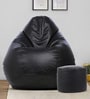 Combo XXXL Leatherette Bean Bag with Beans in Black Colour with Pouffe