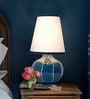 Contemporary Enamel Blue Melon-Shaped Table Lamp with Hand-Painted Lines