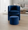Contemporary Luxe Velvet Fabric Barrel Chair With Ottoman Footrest In Blue Colour