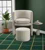 Contemporary Luxe Velvet Fabric Barrel Chair With Ottoman Footrest In Cream Colour