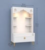 Contemporary White Wooden Floor Pooja Mandir with Open Shelves Om Engraving With Storage Drawer