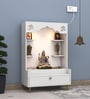 Contemporary White Wooden Floor Pooja Mandir with Open Shelves Om Engraving With Storage Drawer