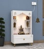 Contemporary White Wooden Floor Pooja Mandir with Open Shelves Om Engraving With Storage Drawer