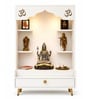 Contemporary White Wooden Floor Pooja Mandir with Open Shelves Om Engraving With Storage Drawer
