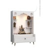 Contemporary White Wooden Floor Pooja Mandir with Open Shelves Om Engraving With Storage Drawer