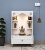 Contemporary White Wooden Floor Pooja Mandir with Open Shelves Om Engraving With Storage Drawer