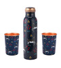 Set Of 3 Copper Bottle And Glass Set With Navy Blue & Grey Deer Print