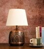 Copper Leaf Etched Pot Lamp with Solid Taper White Shade