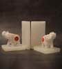 Coral Elephant Set Of 2 White Marble & Semi Precious Stone Bookends