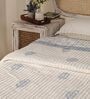 Handprinted Off White & Light Blue Cotton Floral Single Bed Quilt