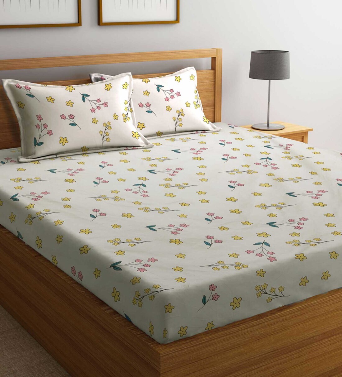 Buy Cream Floral 300 TC Cotton Blend Queen Sized Bed Sheets with 2