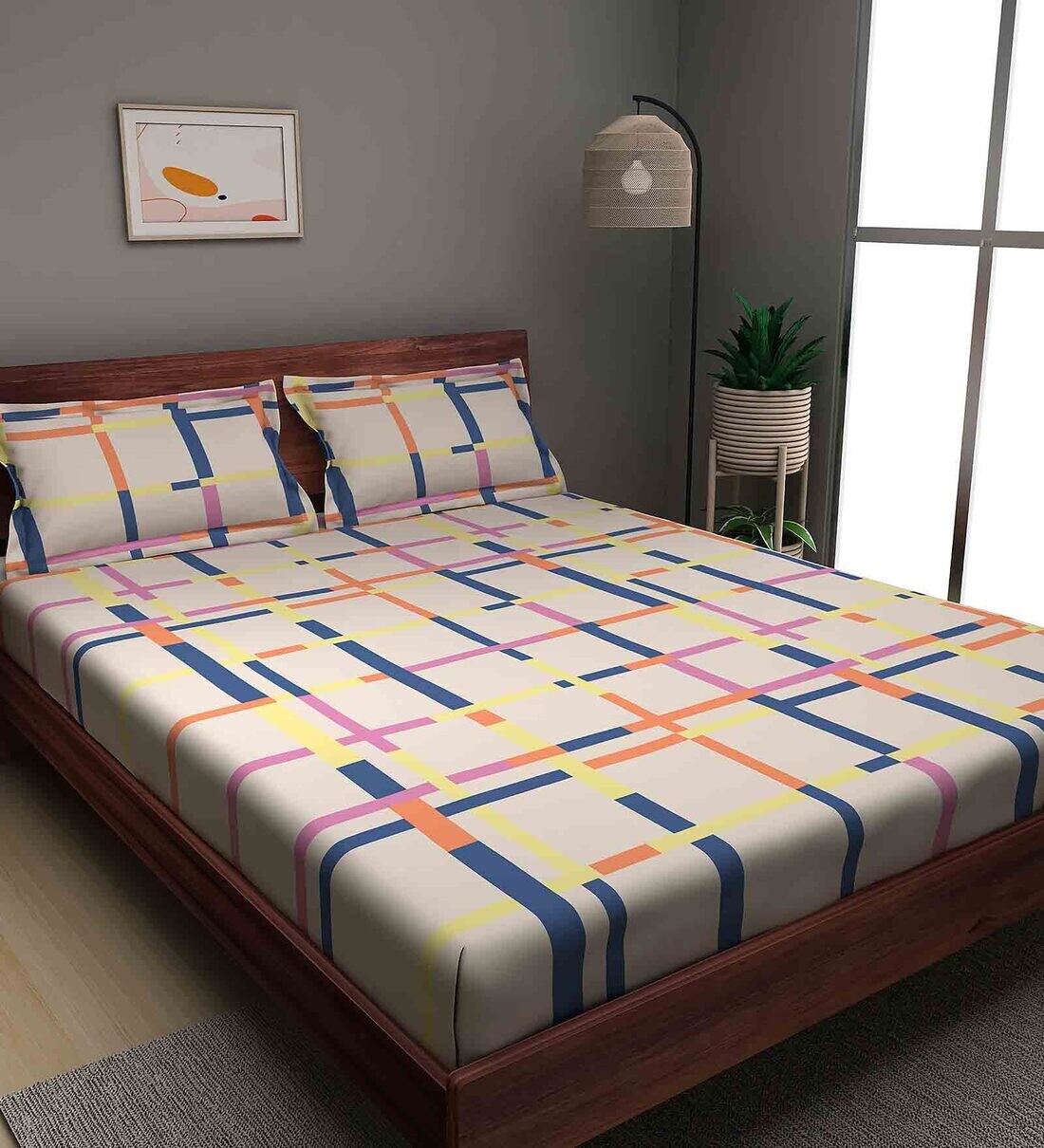 Buy Cream Geometric 144 TC Cotton King Size Bedsheet With 2 Pillow