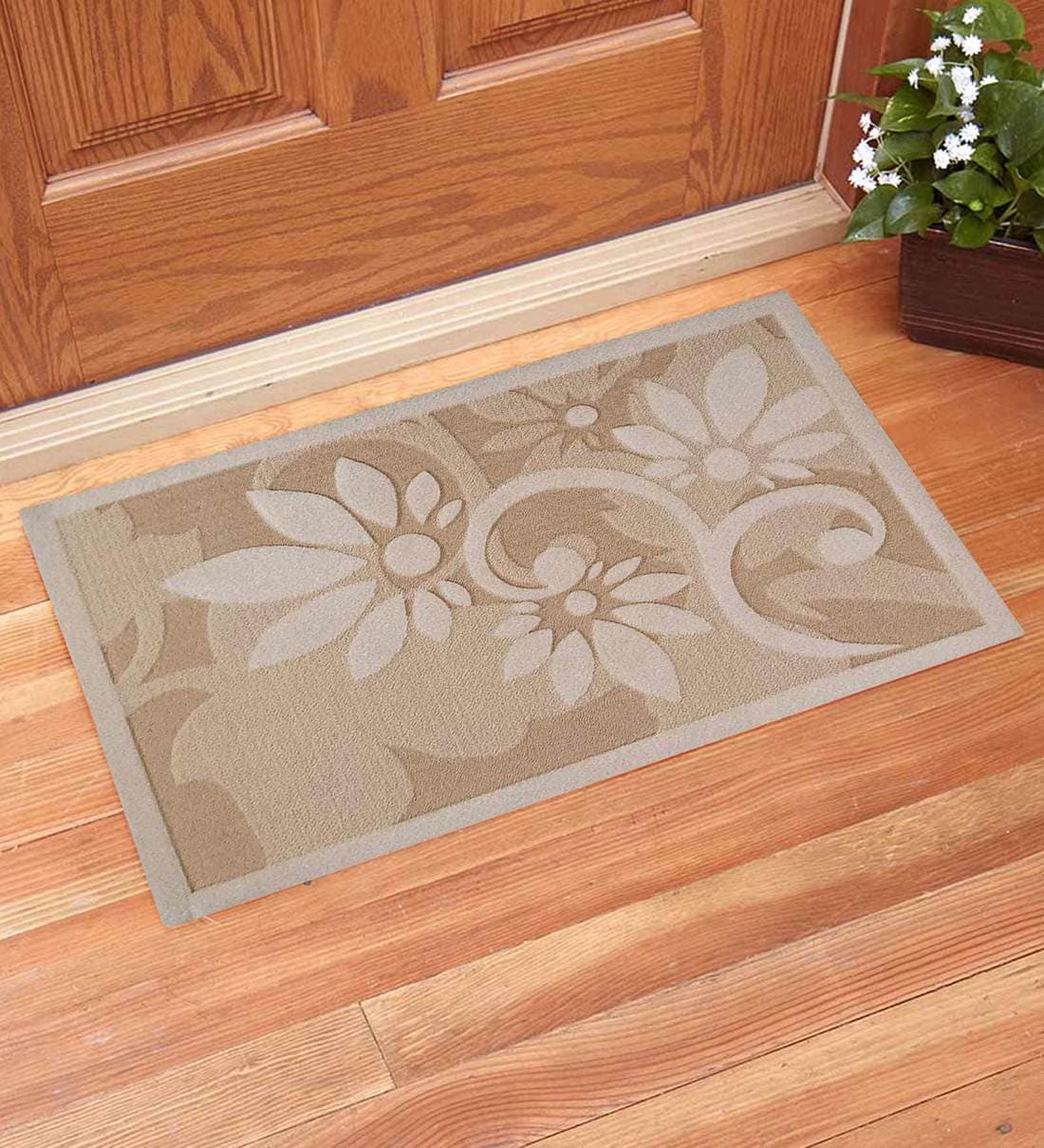 Buy Beige Wool floral Pattern 23x15 Inch AntiSkid Door Mat Online