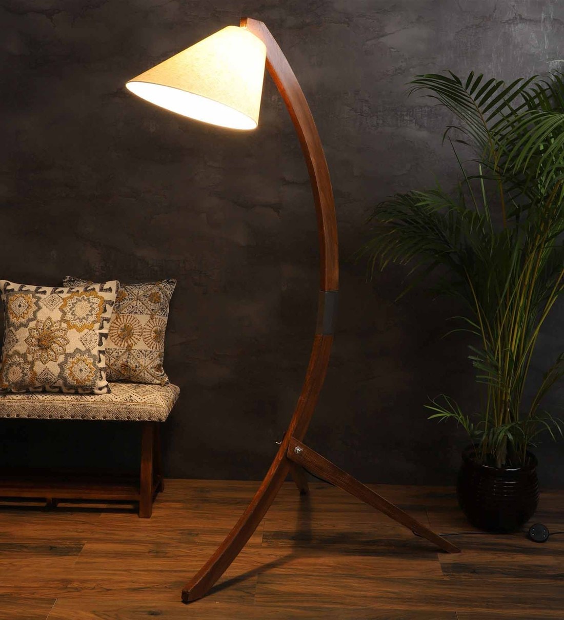 Buy Crescent Arched Beige Khadi Shade Floor Lamp with Natural Wood Base by The Knotty Rope