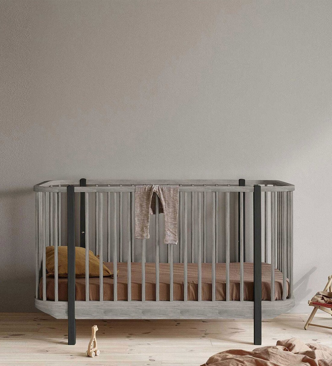 Gray wood outlet crib